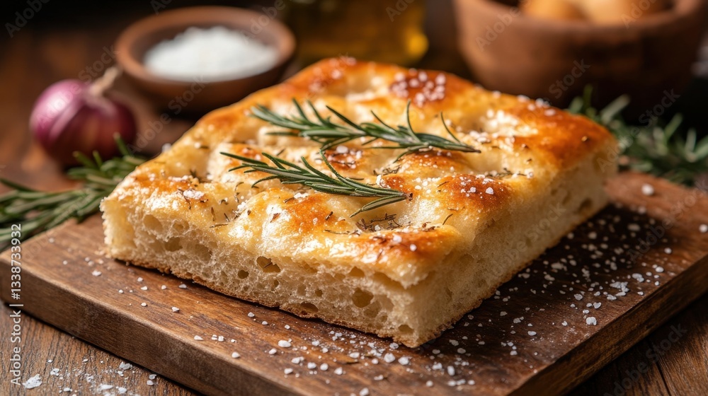 Rustic focaccia bread with rosemary and sea salt on wooden board culinary delight italian cuisine Rustic focaccia bread with rosemary and sea salt on wooden board culinary delight italian cuisine