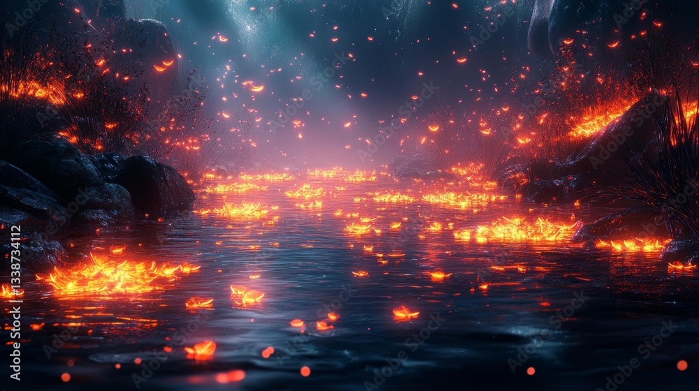 Bioluminescent glowing creatures in an underwater scene with dark waters. Generative AI Bioluminescent glowing creatures in an underwater scene with dark waters. Generative AI