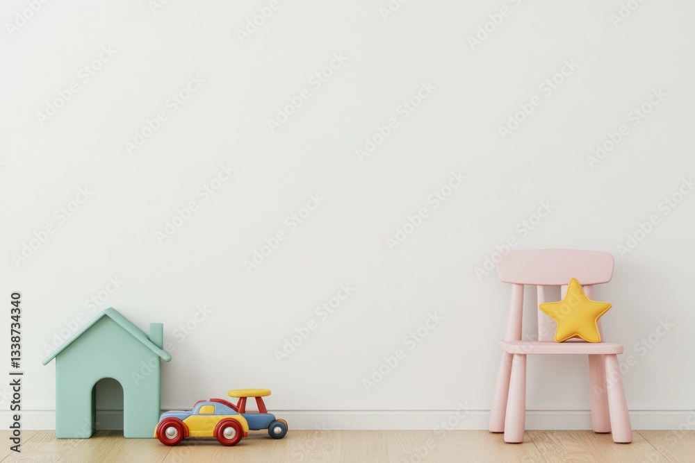Colorful wooden toys for children, including a car, star, and house, set against an empty white wall, perfect for children s rooms or play areas