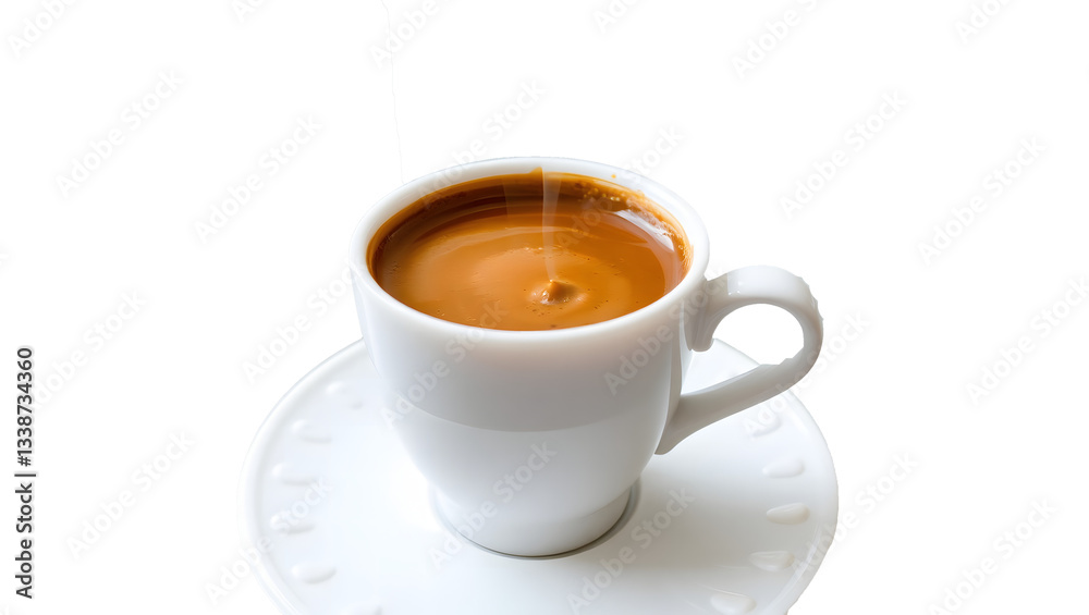 White espresso cup with dark coffee, single drop suspended above, on a white background White espresso cup with dark coffee, single drop suspended above, on a white background