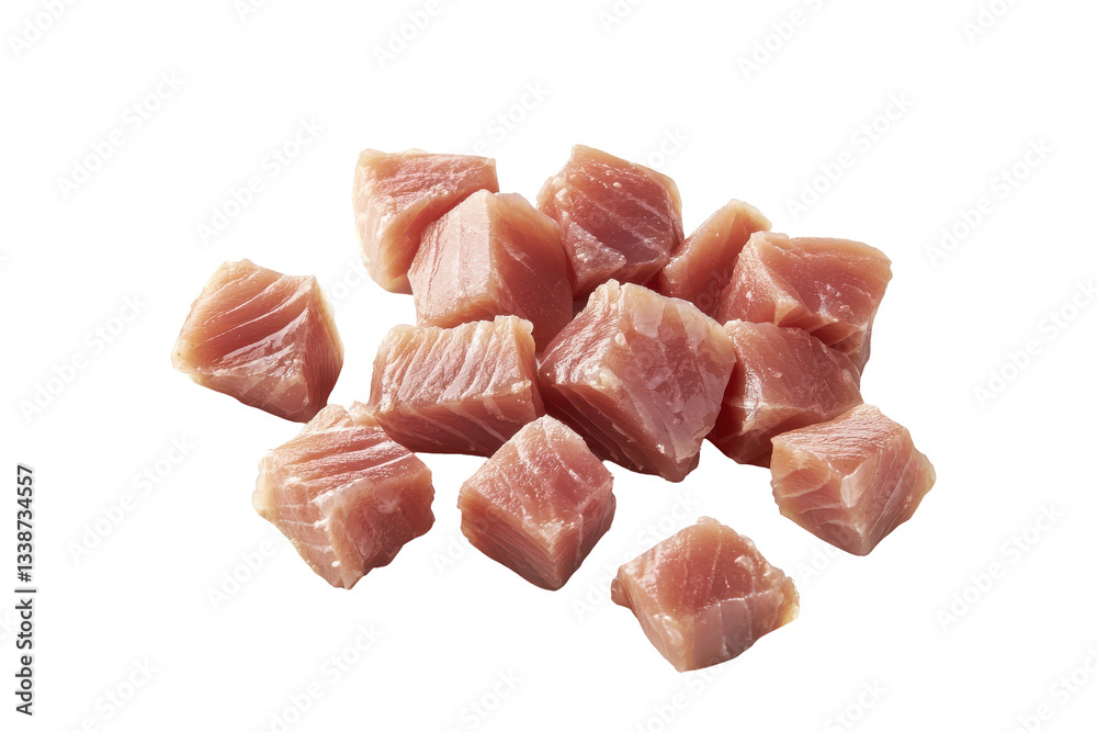 Freshly Cut Raw Fish Cubes on Isolated Background Freshly Cut Raw Fish Cubes on Isolated Background