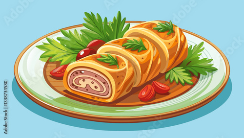 Delicious roulade filled with tender meat rolled in golden pastry served on a transparent plate with fresh herbs, roulade, dish of filled rolled meat or pastry top view isolated on 