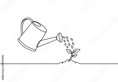 Minimalist line drawing, watering can pouring water, small plant sprout with two leaves, droplets of water, simple black and white illustration, gardening concept