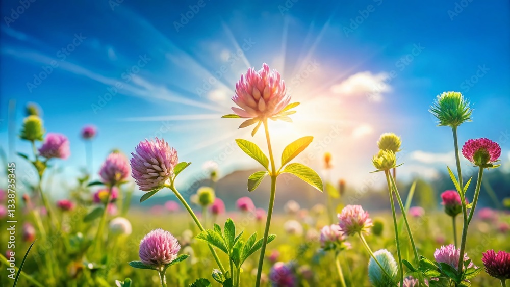 Fototapeta premium Vibrant Clover & Wildflowers Meadow, Sunny Sky - Minimalist Nature Photography