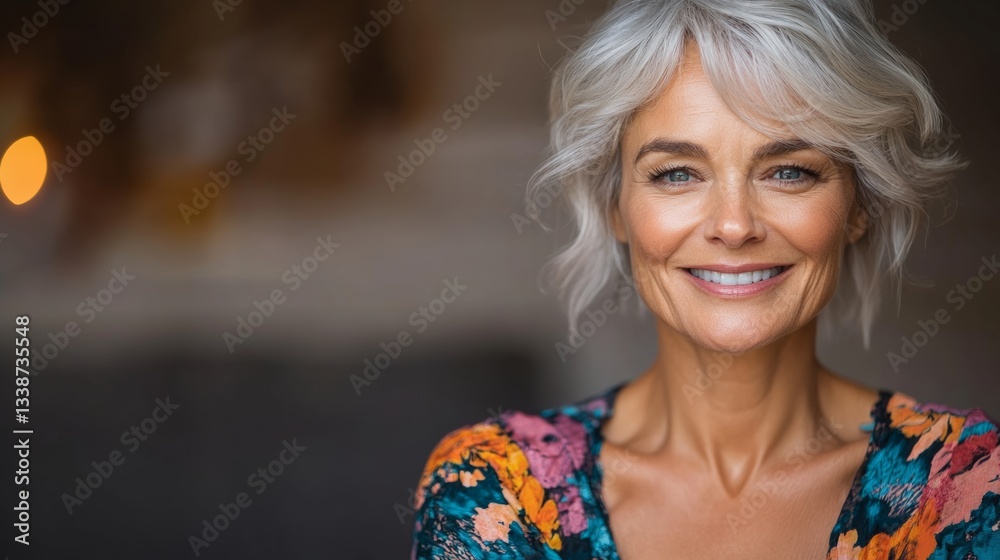 Naklejka premium Woman with short hair and a floral dress is smiling
