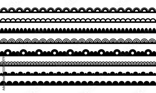 Lace border with scallop. Edge pattern for frame. Stripe of fabric with ornament. Black vector set of lines isolated on white background.