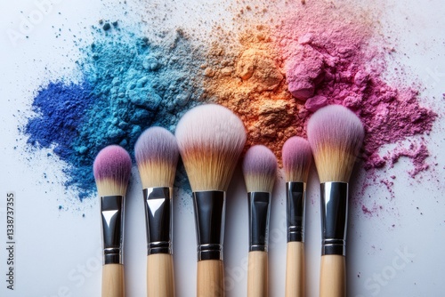Obraz na płótnie Makeup Brushes With Explosive Powder Colors w salonie
