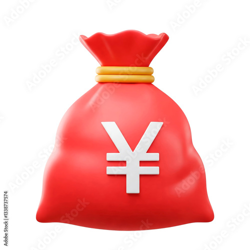 3D render of a cartoonish red money bag with a Yen symbol, tied with rope cut out. Japanese currency and wealth concept