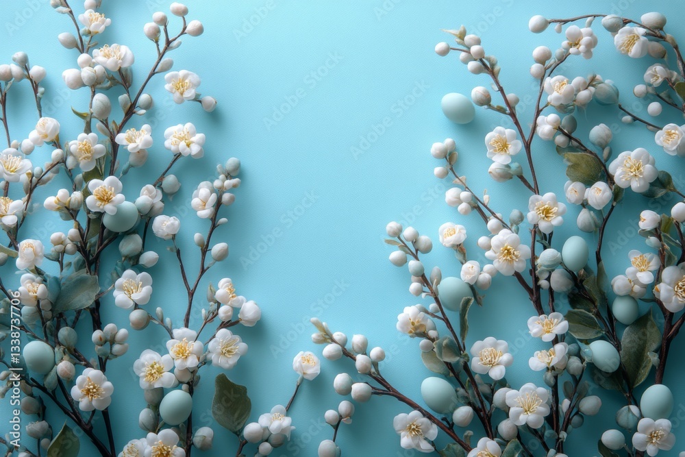 Branches With Easter Eggs On Blue