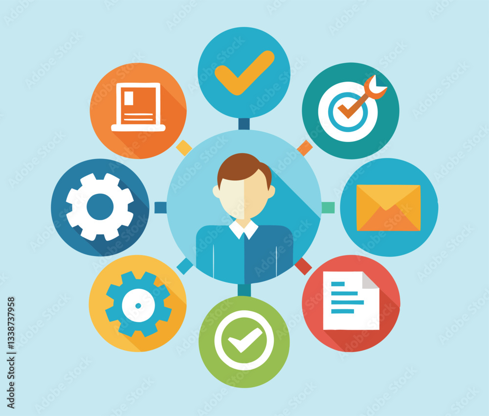 A colorful illustration of an intricate flowchart with various icons and symbols representing business processes project management and workflow A colorful illustration of an intricate flowchart with various icons and symbols representing business processes project management and workflow
