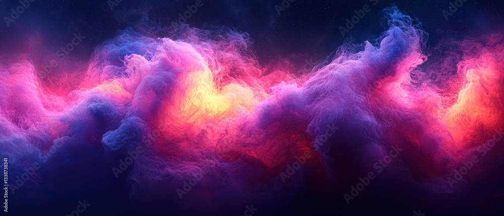 Fototapeta premium Ethereal Colors in Abstract Cloud Formation Against Dark Background, Vivid Swirls of Pink, Purple, and Yellow Creating a Dreamlike Atmosphere
