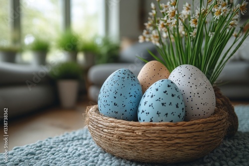 Colorful Speckled Eggs In Woven Basket