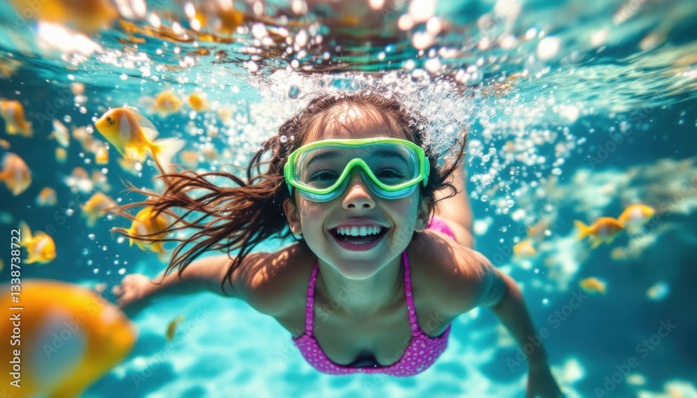 Naklejka premium Young girl swimming underwater with goggles and fish in vibrant pool