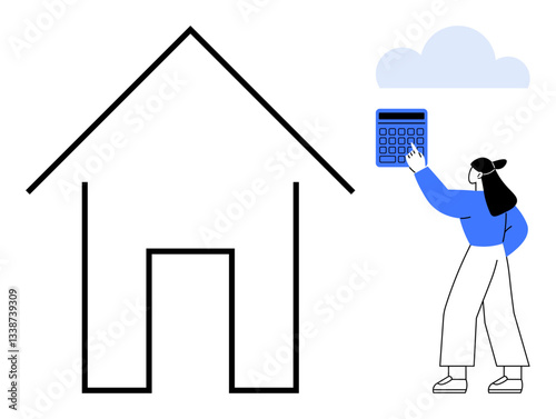 Woman in blue outfit holding calculator beside abstract house outline and cloud. Ideal for real estate, budget planning, financial advice, housing loans, investments, savings, flat simple metaphor