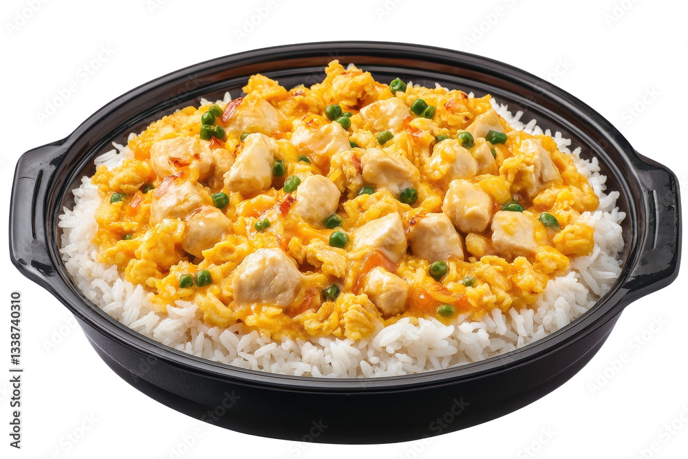 Delicious chicken and rice dish served in a black bowl Delicious chicken and rice dish served in a black bowl