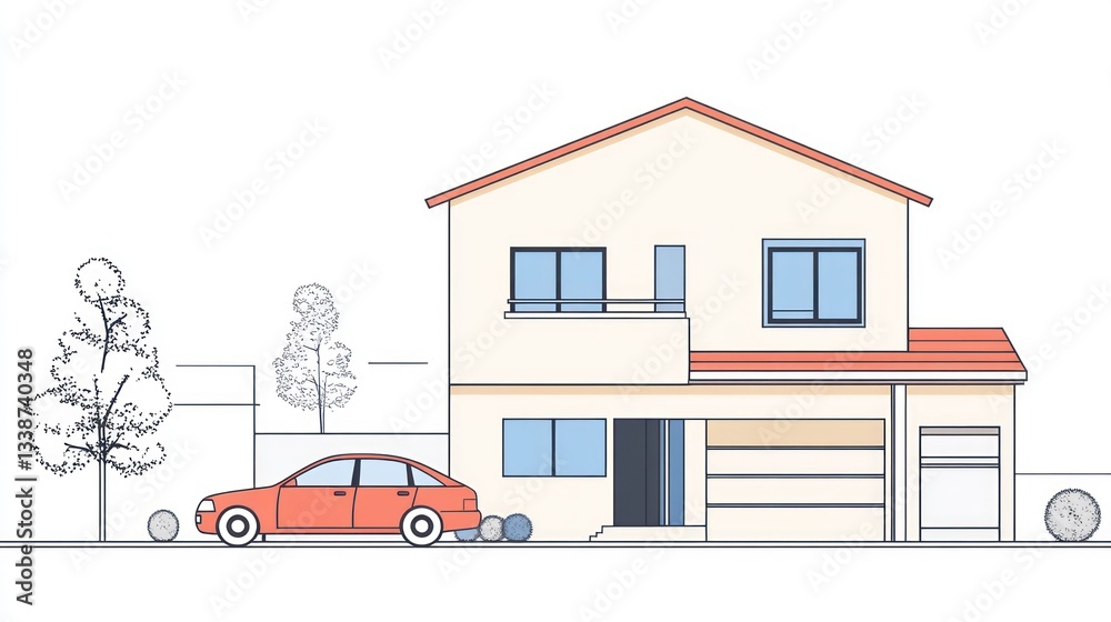 Simple house with a red car in front Simple house with a red car in front