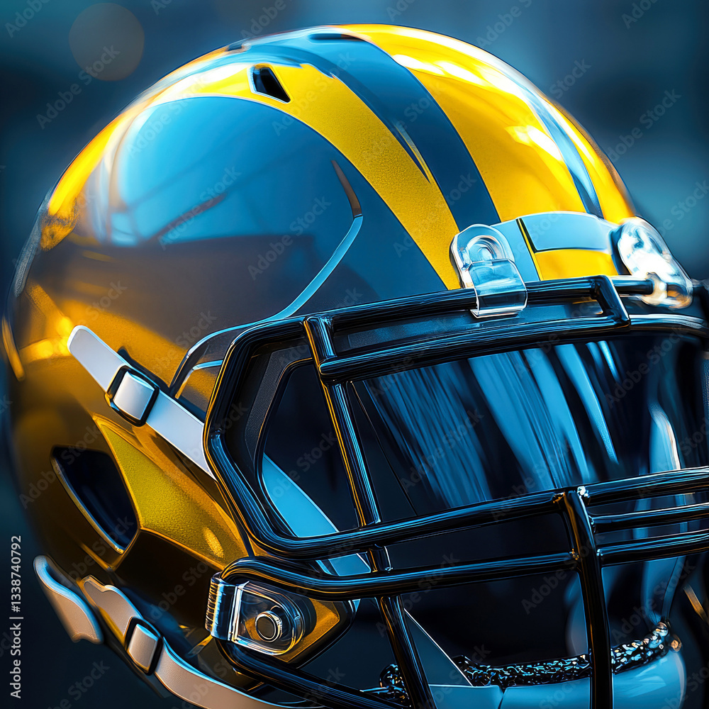 Close-up of an American football helmet. Dynamic sports concept, energy, and competition. Background for game-day themes and athletic promotions.Generative ai Close-up of an American football helmet. Dynamic sports concept, energy, and competition. Background for game-day themes and athletic promotions.Generative ai