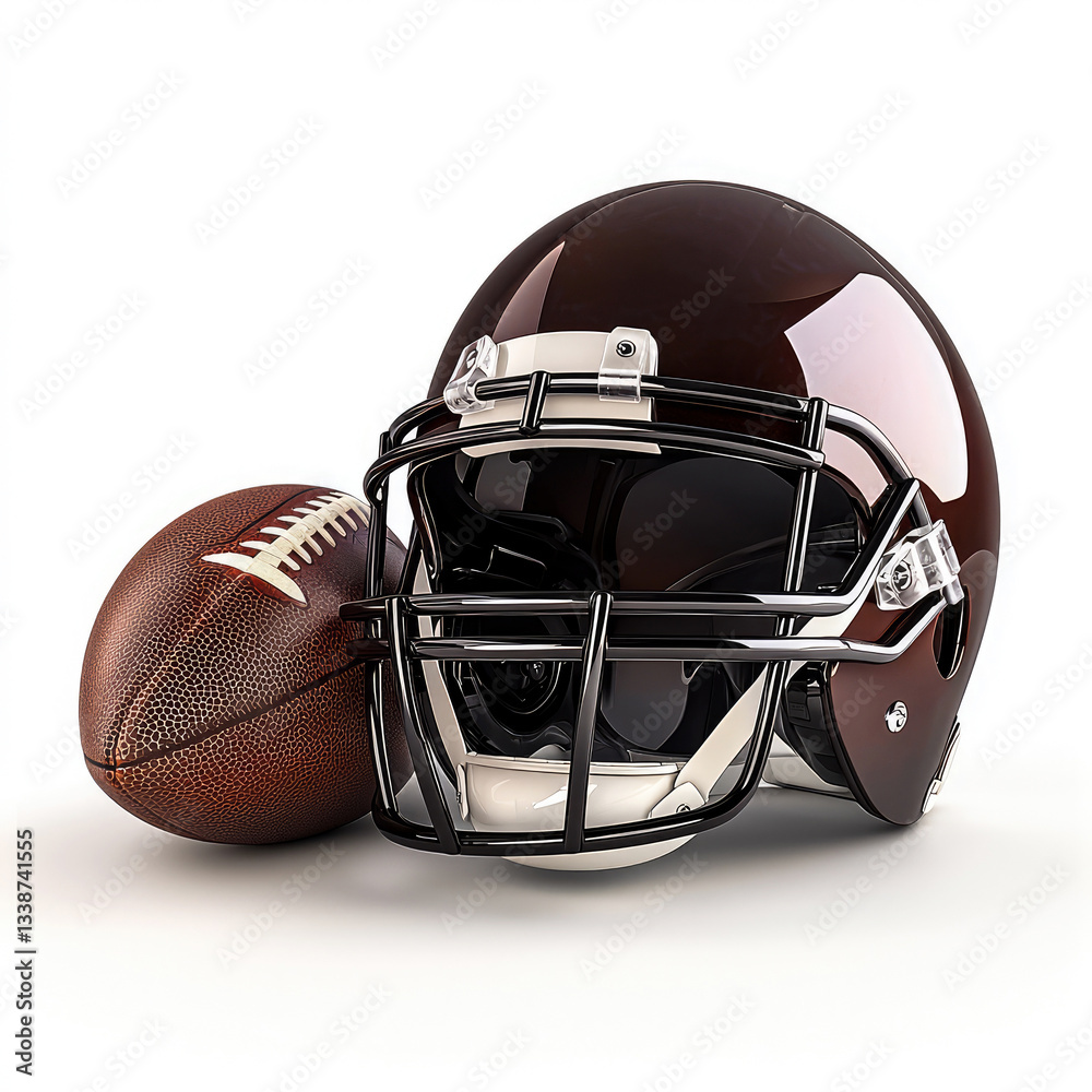 Naklejka premium American football helmet and ball on a white background. Professional sports equipment, game day concept, team spirit, competition. High-resolution close-up, perfect for sports branding. Generative ai