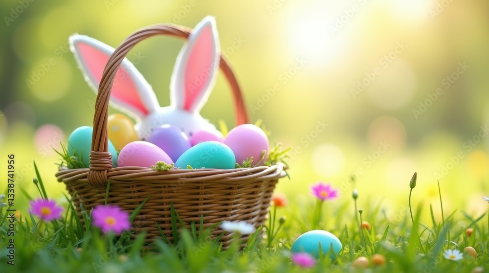 Fototapeta premium Colorful easter eggs in wicker basket with bunny ears on green grass in springtime garden