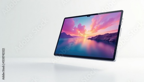 Single floating digital device on white background, modern, white, online world