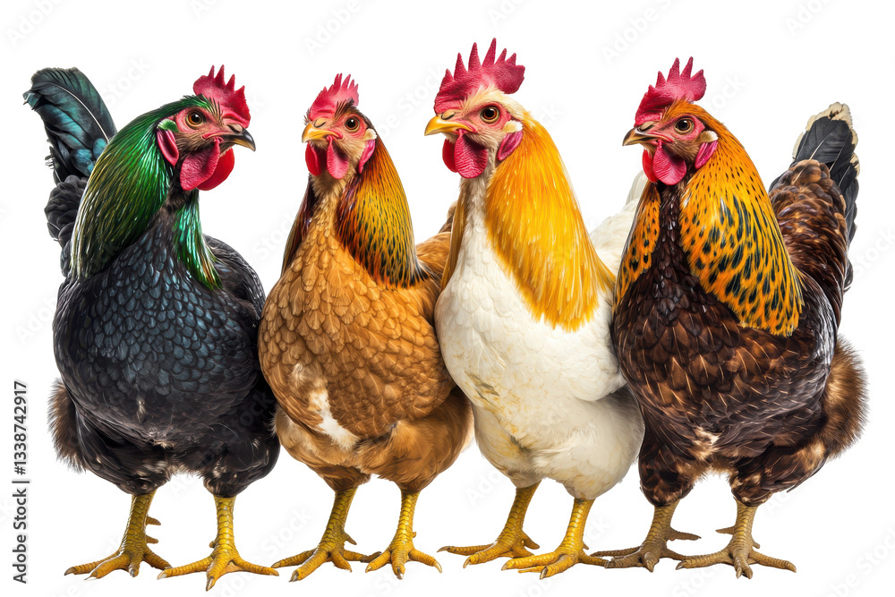 Fototapeta premium Four Colorful Chickens Standing Together in a Farmyard Setting