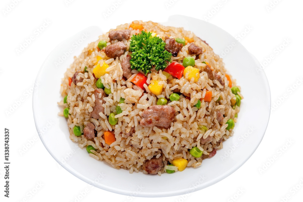 Delicious fried rice with vegetables and meat on a plate Delicious fried rice with vegetables and meat on a plate