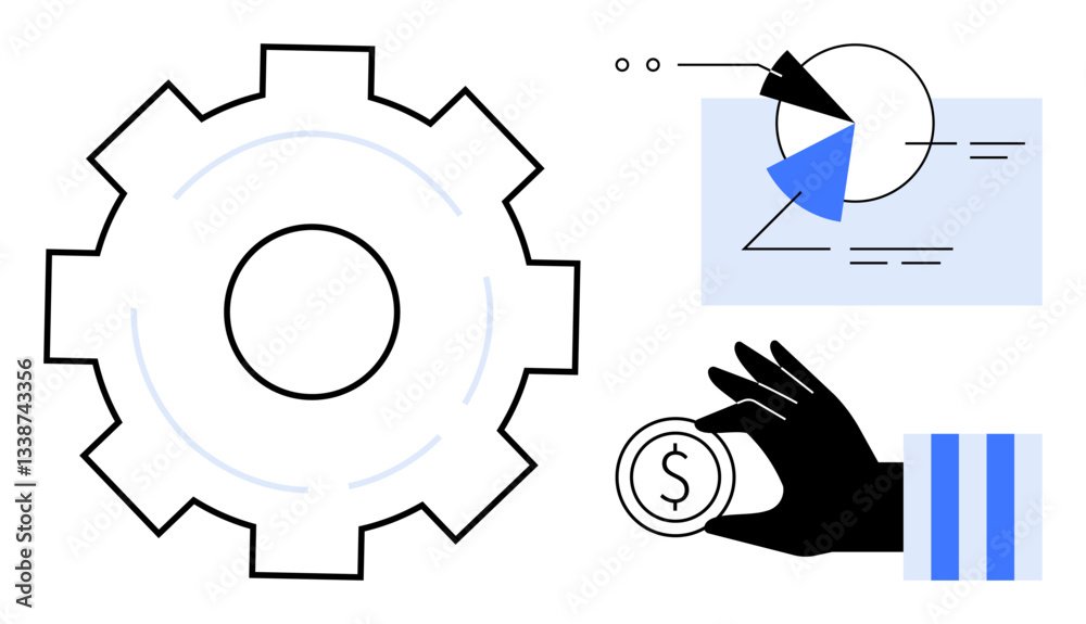 Gear mechanism, hand holding coin, charts highlighting analytics, productivity, decision-making, goal setting, innovation. Ideal for business strategy, finance management entrepreneurship Gear mechanism, hand holding coin, charts highlighting analytics, productivity, decision-making, goal setting, innovation. Ideal for business strategy, finance management entrepreneurship