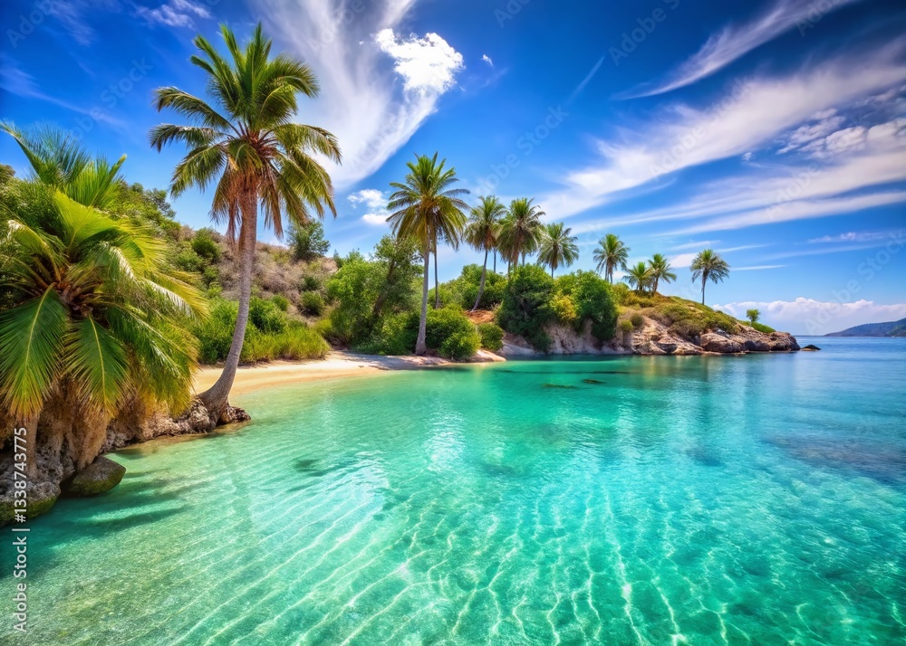Turquoise Greek Beach Paradise: Summer Vacation Resort Oceanfront Palm Trees Turquoise Greek Beach Paradise: Summer Vacation Resort Oceanfront Palm Trees
