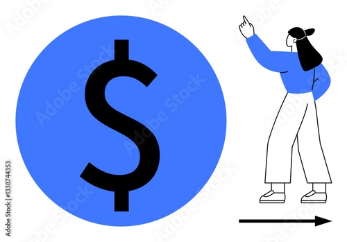 Large blue circle with dollar sign beside woman gesturing forward, indicating financial growth, vision, strategy. Ideal for finance, investment, savings, budgeting, planning guidance