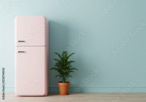 pink Retro refrigerator and houseplant next to the blue wall, with copy space.
