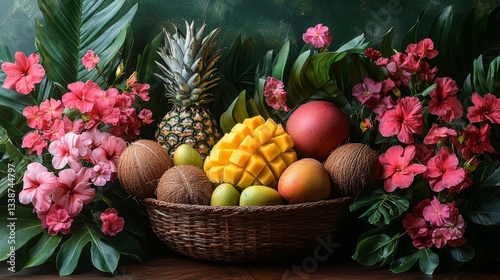 Tropical Fruit Basket with Pineapple Mango and Coconut Surrounded by Flowers and Foliage. Generative AI