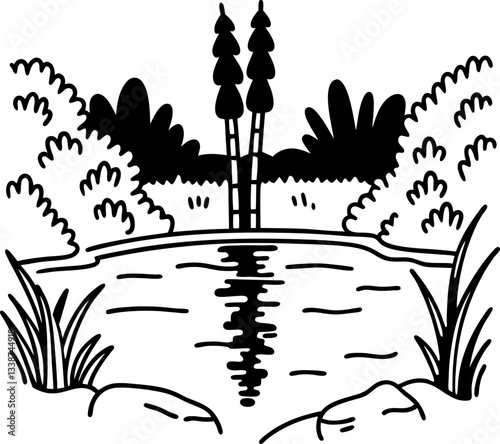 Serene pond with water reflection, trees, and lush bushes in tranquil nature setting.