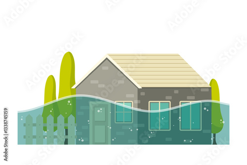 House under water - flood disaster vector illustration.