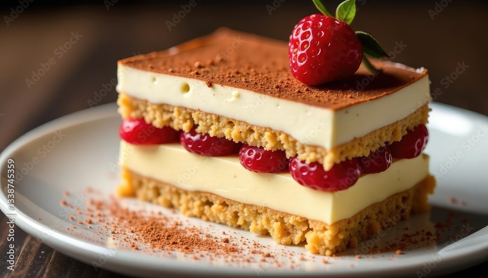 Close-up of rich tiramisu, showcasing texture and layers , confectionery, food styling Close-up of rich tiramisu, showcasing texture and layers , confectionery, food styling