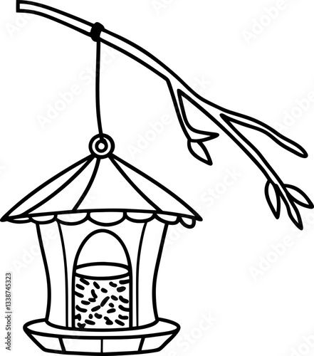 Hanging bird feeder on tree branch with seeds in black outline drawing.