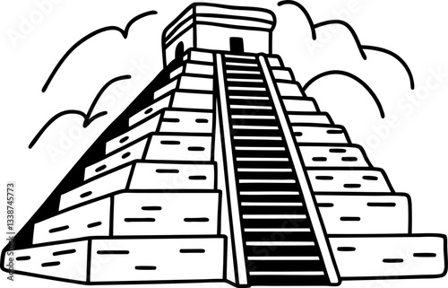 Ancient mayan pyramid drawing with cloudy sky background historic mesoamerican architecture.