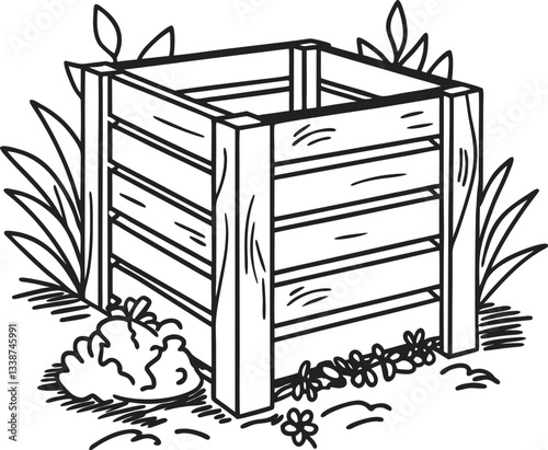 Hand drawn wooden compost bin in garden surrounded by plants.
