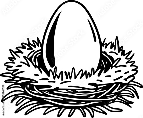 egg in nest black and white illustration nature and wildlife concept, minimalist design.