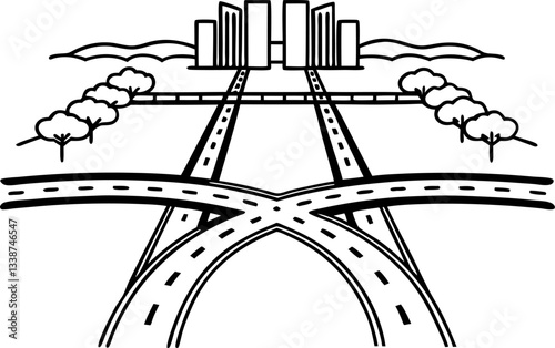 Cityscape with roads and trees urban infrastructure illustration.