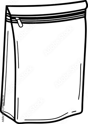 Minimalist black and white illustration of a stand up zipper pouch or resealable bag packaging design concept.
