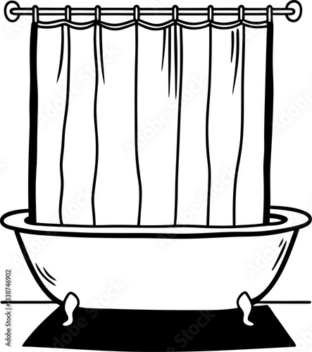vintage bathtub illustration classic clawfoot tub with shower curtain retro bathroom decor art.