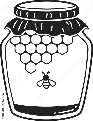 Honey jar illustration with honeycomb pattern and bee sweet natural product icon.