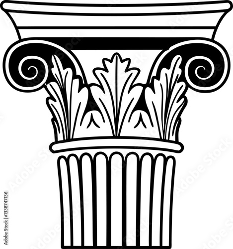 Classical ionic column capital with acanthus leaves ornamental design.