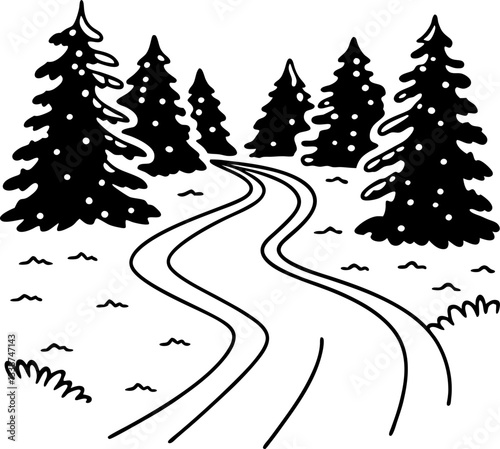 Winter forest scene with snowy evergreens and winding path.