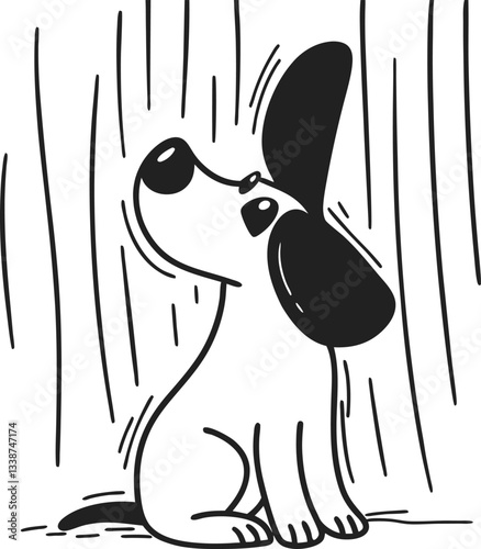 dog sitting with raindrops delightful black and white illustration of playful pet.