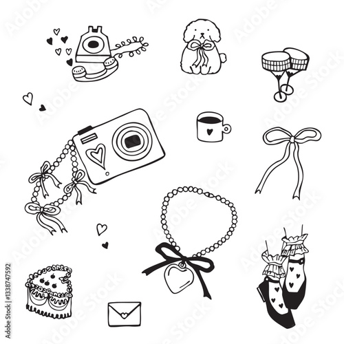 Hand drawn coquette and rococo aesthetics elements. Vintage cute and girly doodles for Valentine day, Galentine day invitations, cute illustrations for party illustrations. Outline vector illustration
