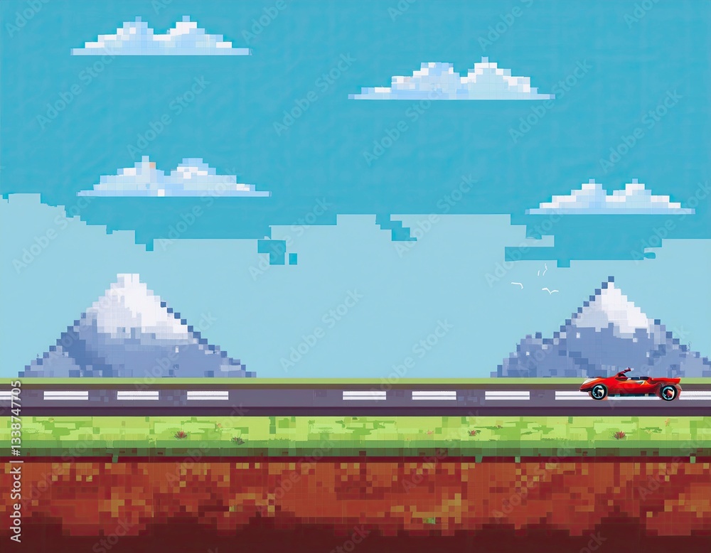 Fototapeta premium A pixelated red sports car drives along a highway past snow capped mountains under a bright blue sky