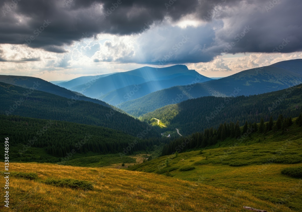 Fototapeta premium Scenic Mountain Landscape with Sun Rays