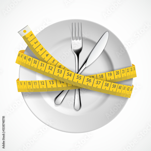 Empty plate with fork and table knife with measuring tape around. Isolated on white background. Vector illustration