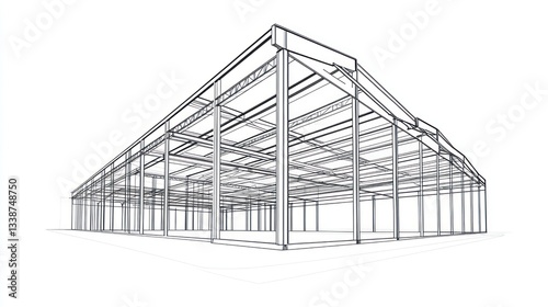 Fototapeta Naklejka Na Ścianę i Meble -  Architectural steel structure drawing, industrial building frame, perspective view, for construction planning, stock image